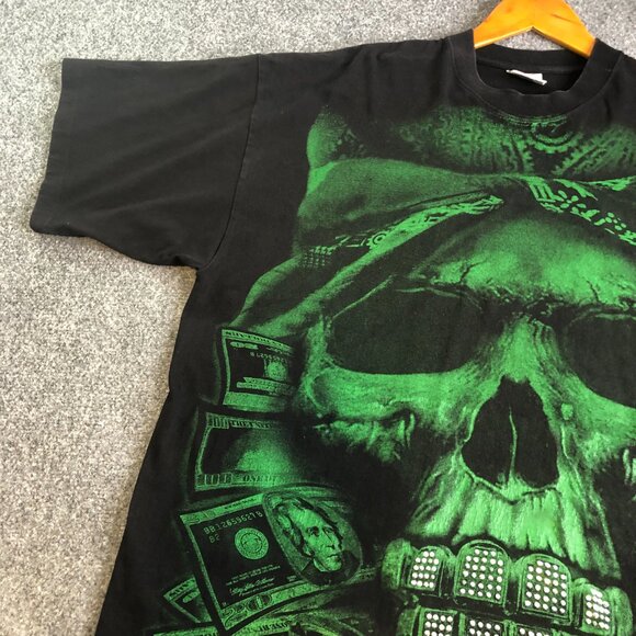 Big Tiger Shirt Mens XXL TALL Black Green Skull Money Y2K 90 Vintage Bling Rap - Picture 2 of 14